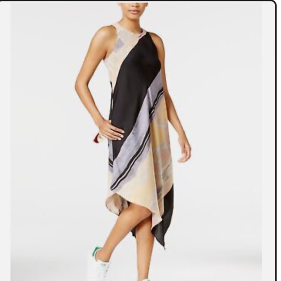 RACHEL Rachel Roy Women’s Multi Abstract Print Asymmetrical Midi Dress Sz-M - Picture 1 of 8